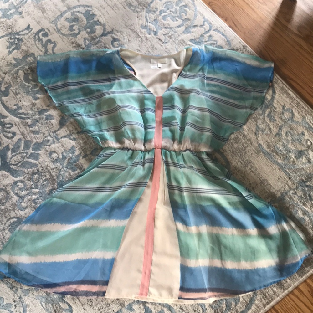 Turquoise Colour block elastic waist dress.